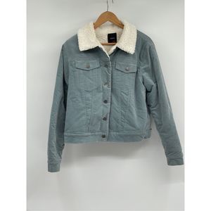 Forever 21 Jacket Sherpa Lined Women‎ Large Blue Green Velour Trucker